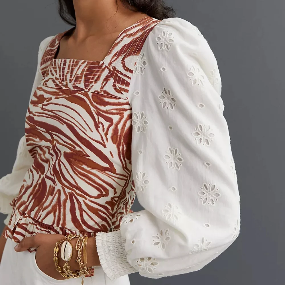 NWT Love the Label (Anthro) Smocked Puff Sleeve Blouse Brown Zebra Print - Picture 2 of 16